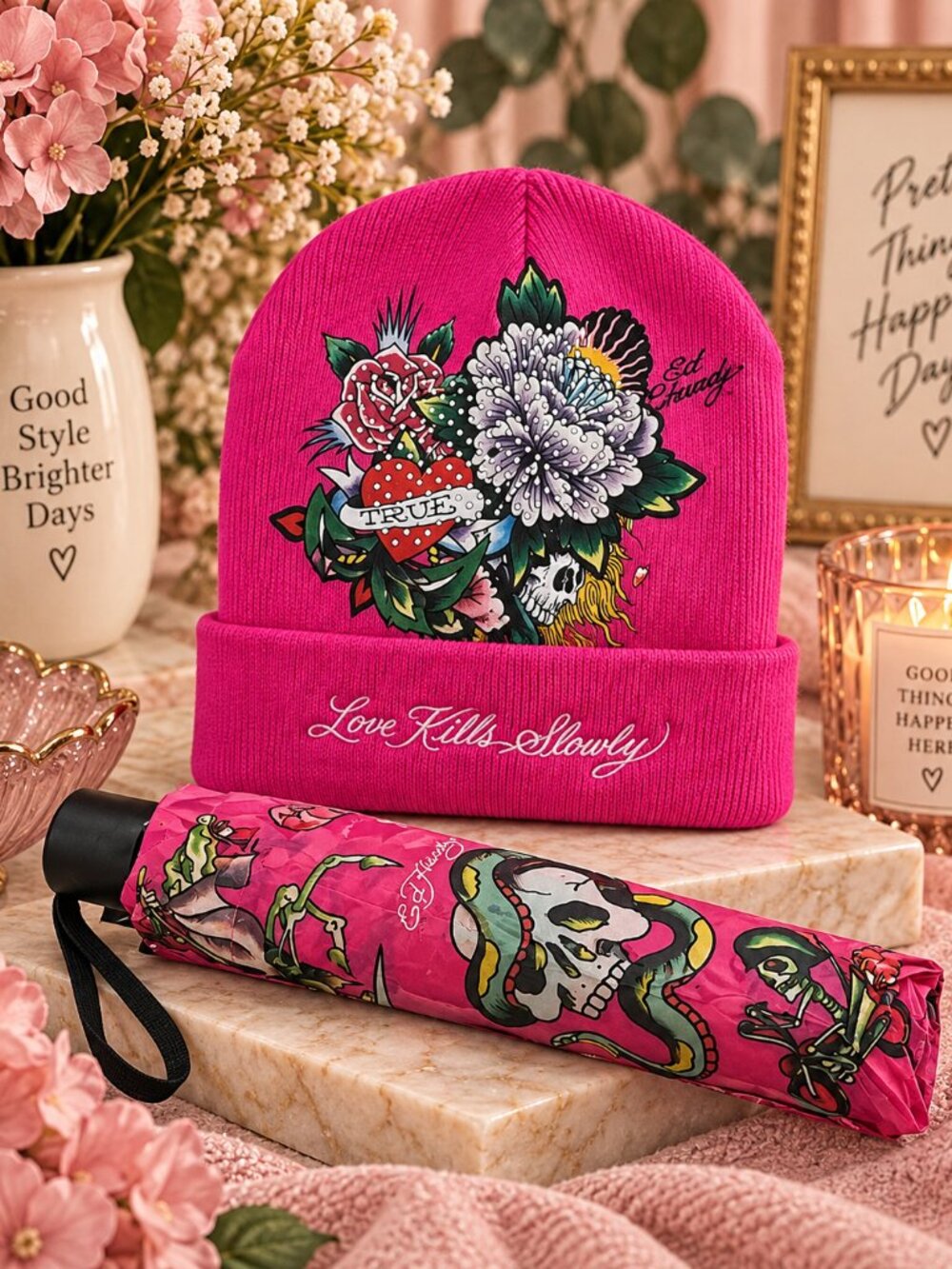 Ed Hardy "Love Kills Slowly" Beanie & Umbrella